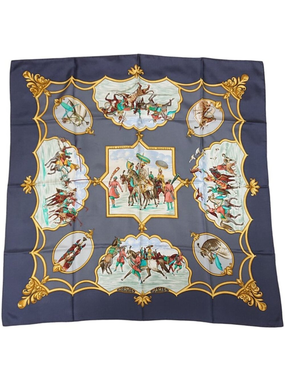 Hermes Carre 90 Les Chevaux Des Moghols Silk Scarf Gray 1993